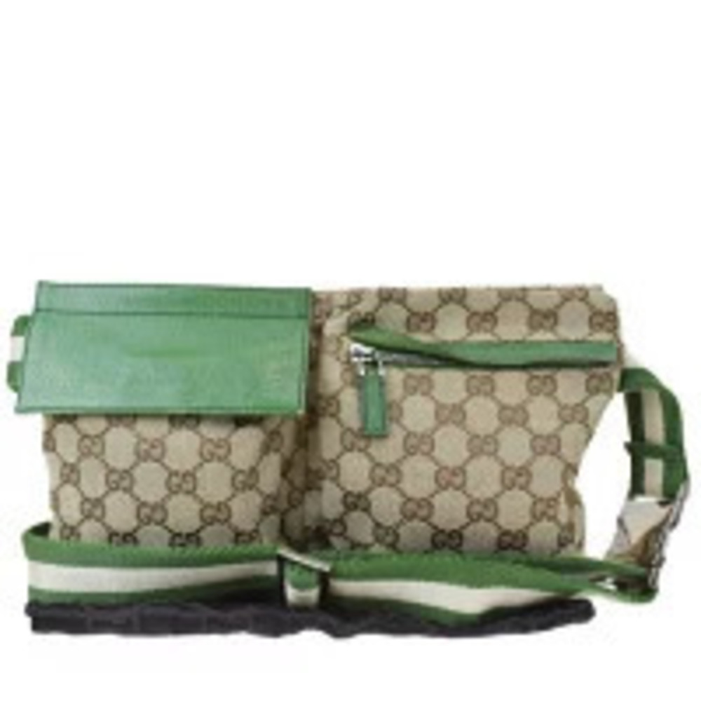 Gucci Sherry Waist Pouch Clutch Bag GG Beige Green Canvas Leather